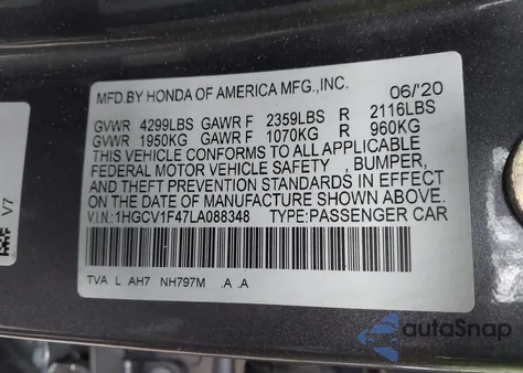 2020 Honda Accord Ex z USA, uszkodzony, nr VIN 1HGCV1F47LA088348